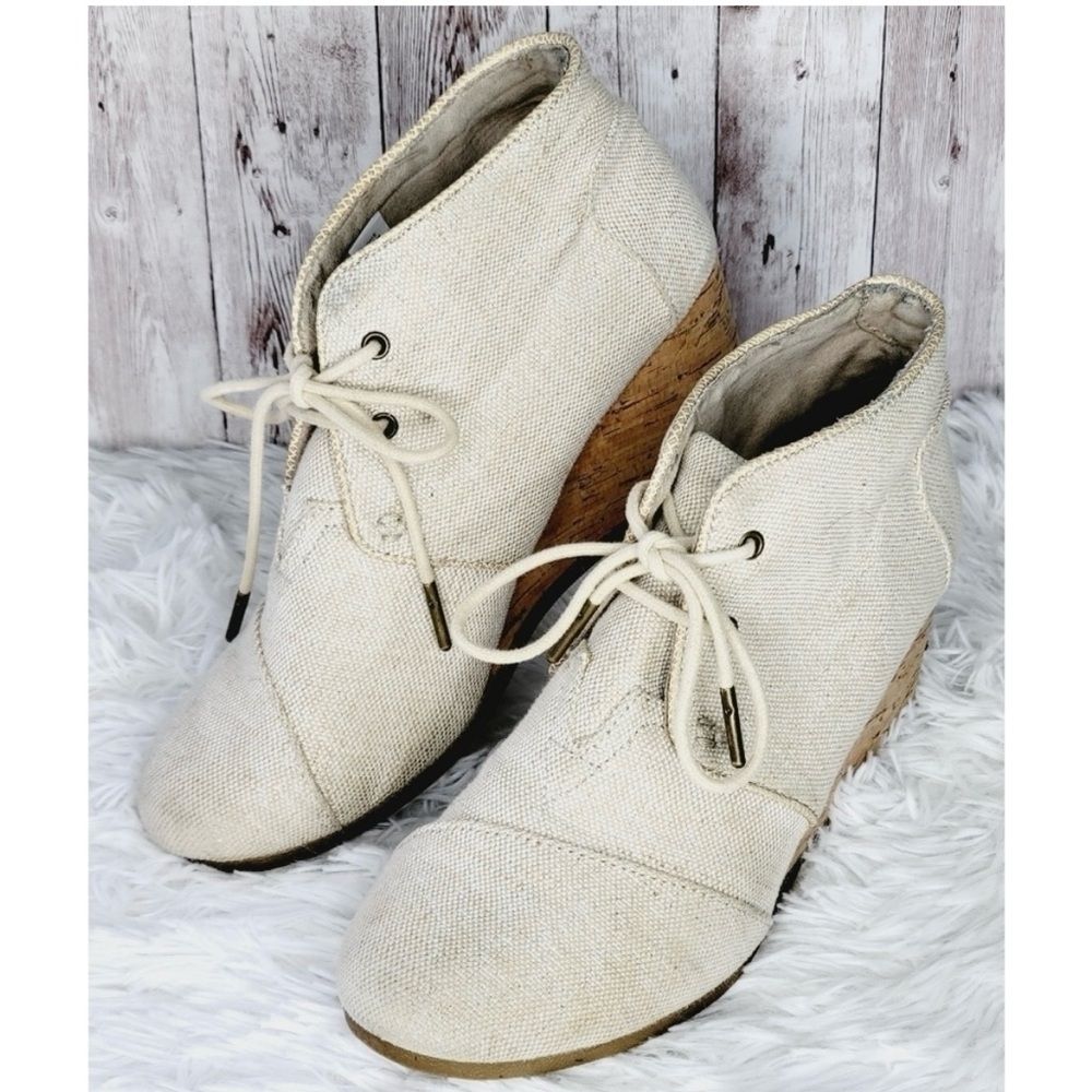 TOMS Desert Natural Linen Wedge Ankle Booties Size 8.5